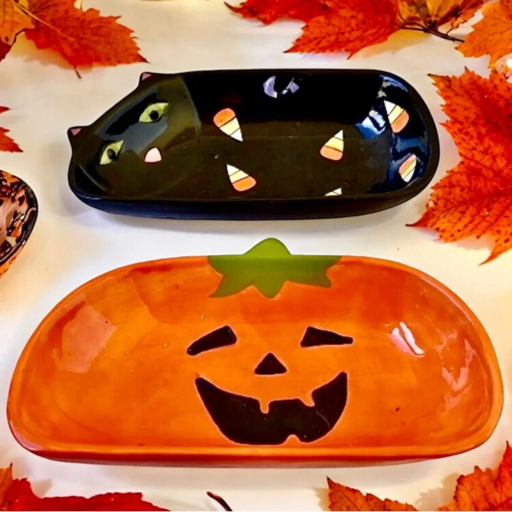 Halloween 🎃 Candy Dishes Tien Hsing Vintage Black Cat + Pumpkin 2 dishes